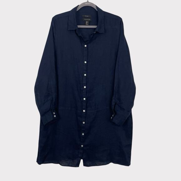 Tahari Navy Blue Long Button Down Long Sleeve Linen Blouse - Picture 1 of 6